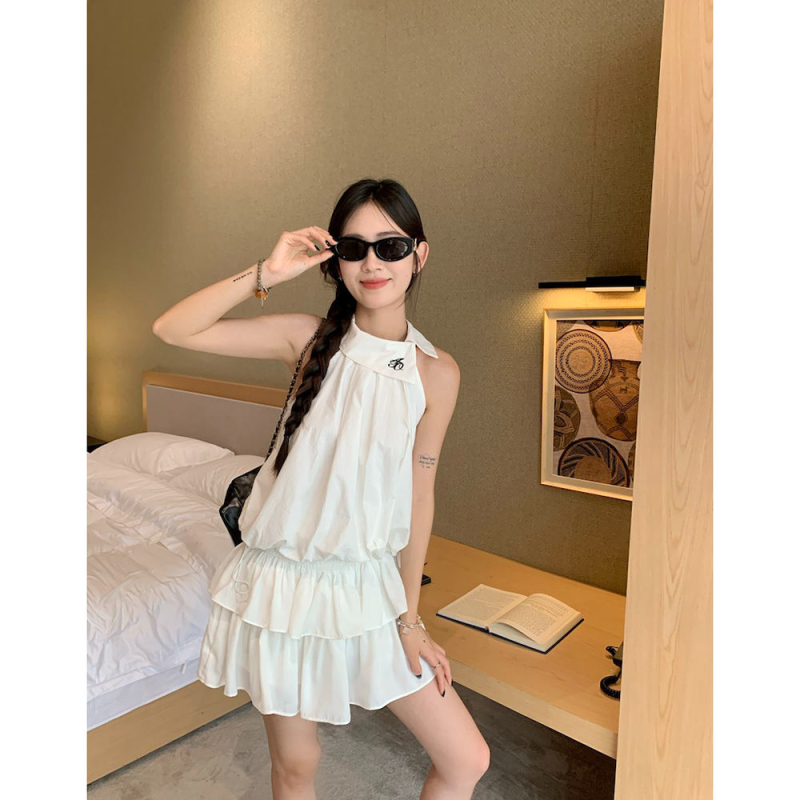 Sweet Hot Girl Suit Embroidered Drawstring Halter Sleeveless Vest Women's Summer New White Cake Skirt Two-piece Set