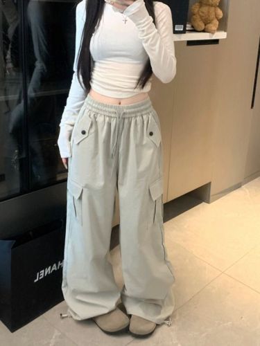 American high-street retro overalls early autumn high-waisted loose casual wide-leg pants straight-leg long pants