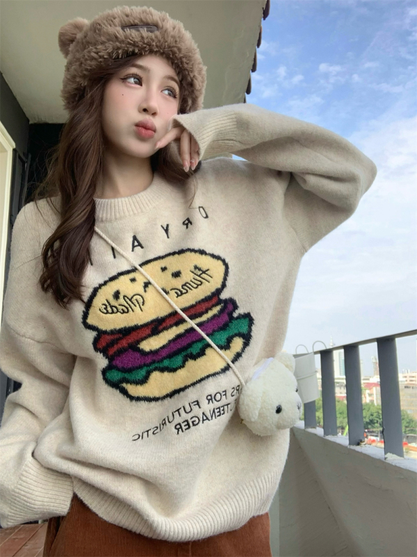 ~ Korean style round neck pullover fun burger print lazy style loose and slim long-sleeved knitted sweater