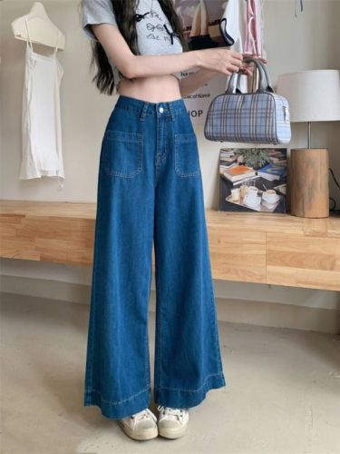 Plus size new American style big pocket thin jeans washed and distressed straight wide leg nine-point pants