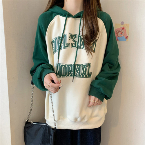 Real shot of Chinese cotton composite back collar with color insert hooded loose sweatshirt for women