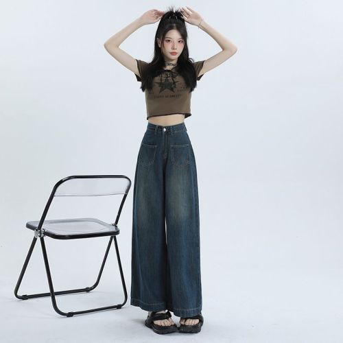 2024 Spring and Autumn Wide Leg Jeans for Women High Waisted American High Street Retro Design Loose Straight Legs for Small People