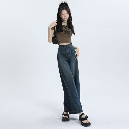 2024 Spring and Autumn Wide Leg Jeans for Women High Waisted American High Street Retro Design Loose Straight Legs for Small People