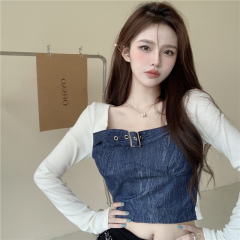 Fake two piece square neck long sleeve top with real price