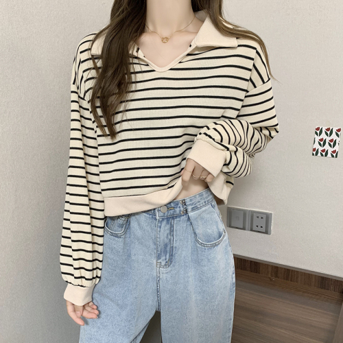 New autumn clothing, Korean version, loose and versatile, striped lapel, slim, high waist, long-sleeved sweatshirt, women's top, trendy outer wear