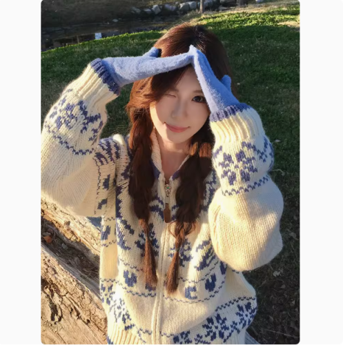 Fair Isle sweater women's spring Christmas tree embroidered zip knit turtleneck jacket unique design sense top