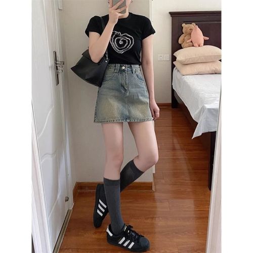 Retro Hot Girl Denim Skirt Women's Summer New Distressed High Waist Slim Hip Skirt Versatile A-Line Short Skirt