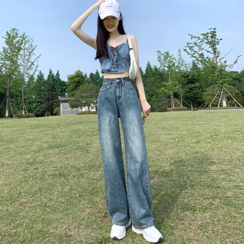 High-waisted straight-leg jeans for women's new style loose and drapey wide-leg floor-length pants for small people