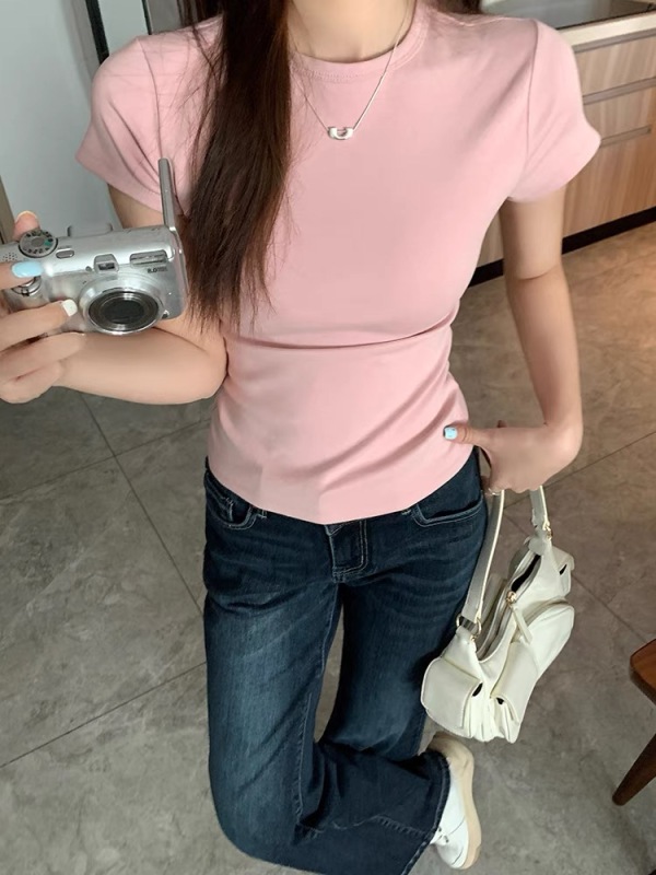 American bm round neck right shoulder solid color T-shirt women's slim waist slimming tight top short top spring
