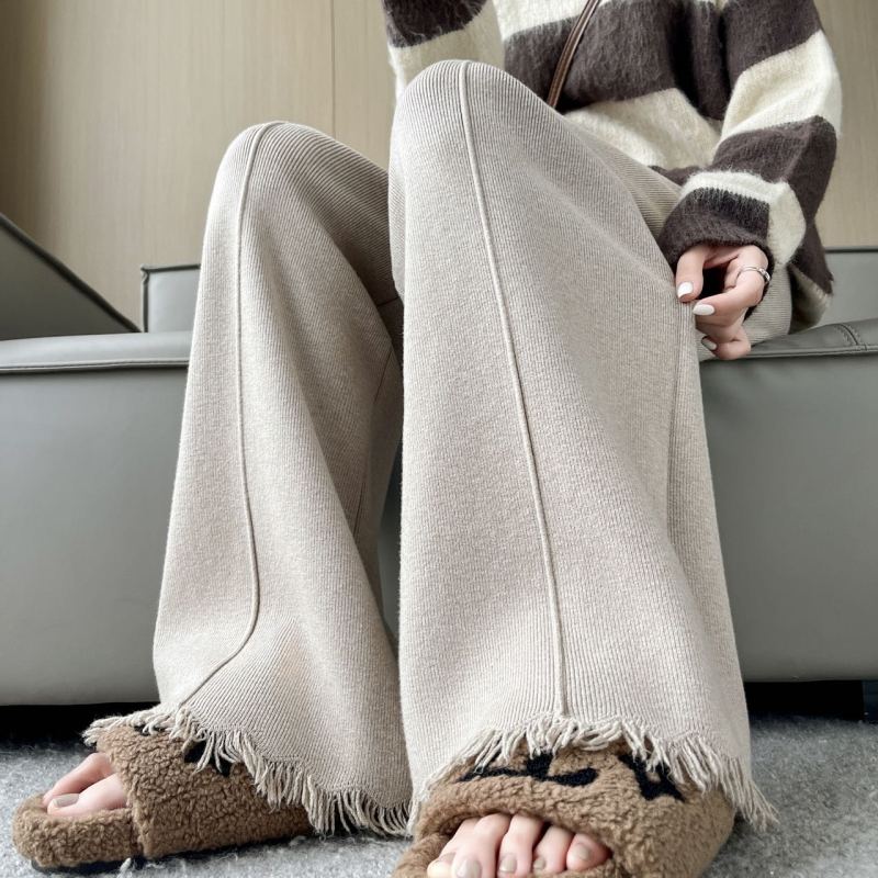 Thickened soft and waxy white tassel knitted wide-leg pants for women with drapey high-waist drawstring slimming casual floor-length trousers