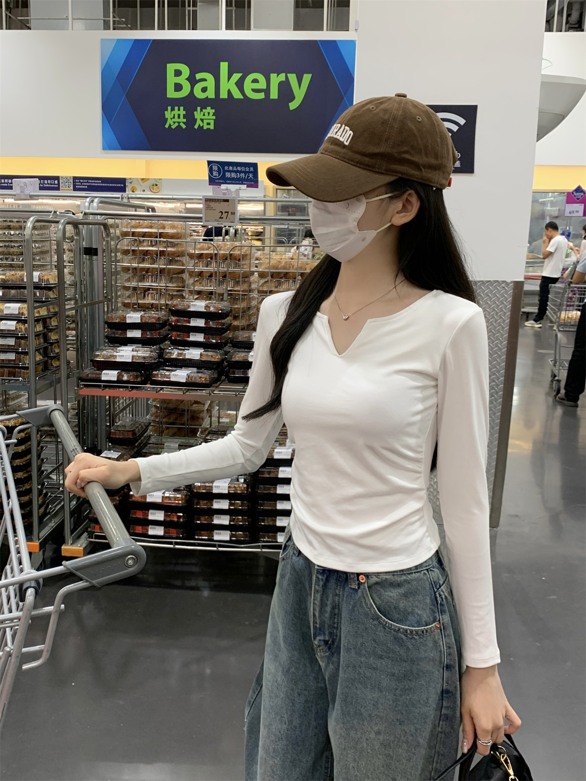 Real shot Autumn slim-fitting half-open collar pleated solid color design pure cotton inner long-sleeved T-shirt with breast pads for women