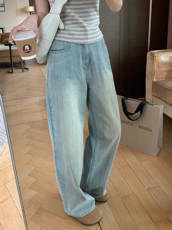 Light blue distressed simple style jeans for women, casual design, high waist, versatile, slim and drapey wide leg trousers