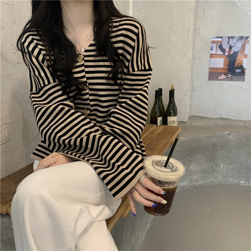 實拍 真 韓版chic慵懶長袖針織衫V領寬鬆休閒條紋開衫女