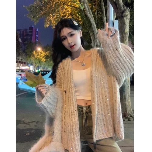 Lazy style heavy industry sequin gradient color hooded sweater cardigan coat women's autumn and winter mid-length soft waxy sweater