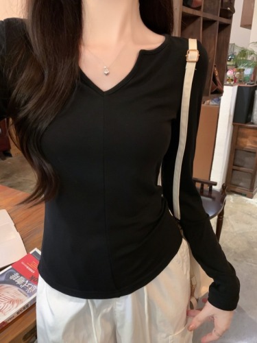 Real shot 40 count pure cotton 92 cotton/8 spandex 2024 autumn long-sleeved T-shirt women's V-neck