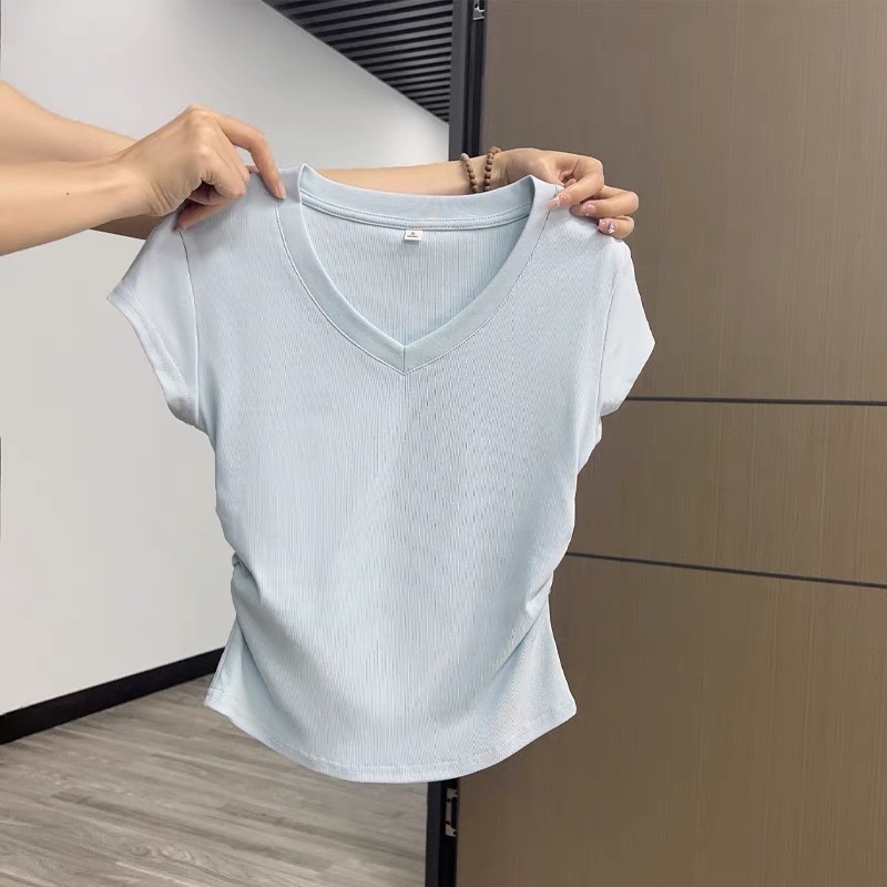 Right shoulder V-neck light blue short-sleeved curved hem T-shirt women's irregular pleated waist slim-fit short pure lust top summer