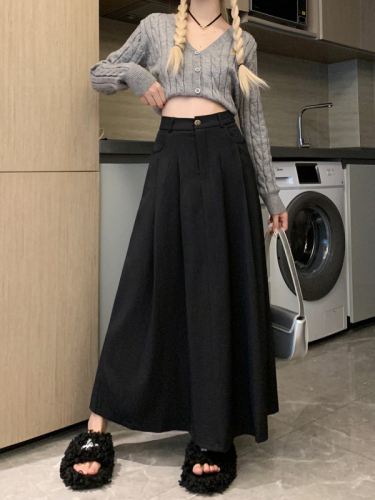 Korean style high-waisted A-line long skirt black suit skirt women's new autumn slimming wide umbrella skirt