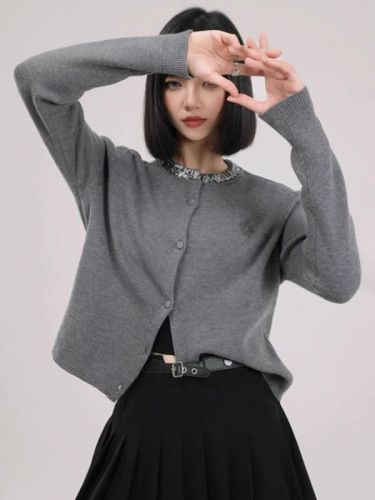 New popular design this year's popular knitted cardigan top gray sequined sweater jacket for women