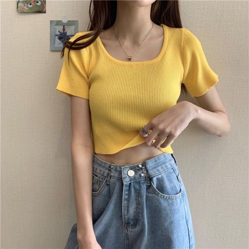 Black bottoming shirt short-sleeved ins trendy summer new style navel-baring knitted t-shirt women's short French collarbone top