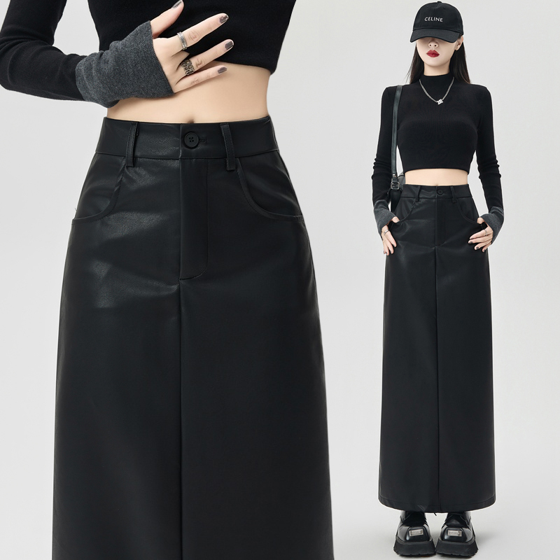Leather skirt skirt for women autumn high-waist straight hip-hugging one-step skirt with back slit A-line mid-length skirt