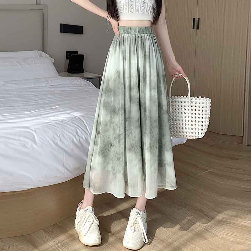 Chinese style tie-dye ink silk wrinkle print skirt women's summer elastic waist high waist a-line skirt umbrella skirt