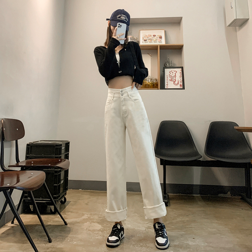 Straight-leg loose jeans for women, spring and autumn double-button vertical buckle trendy high-waist wide-leg slim floor-length trousers nine-point trousers