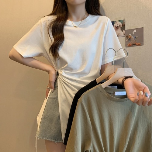 Plus size hottie sexy irregular slit shoulder top women summer slim cotton T-shirt 1553