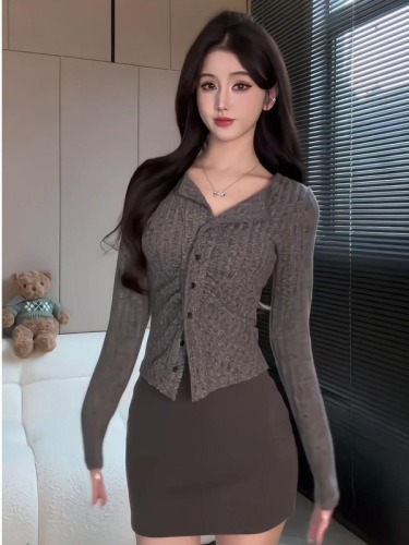 Original brushed fabric-lapel slit long-sleeved sweater for women slimming simple versatile slim cardigan top