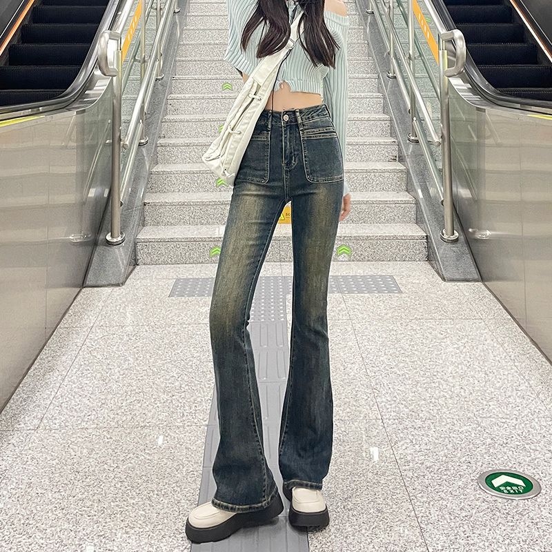 Cement gray bell-bottom pants for women, new autumn clothing, high-waisted, slim floor-length, slightly booted jeans for small women