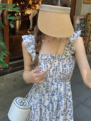 Small fresh blue floral suspender skirt for women sweet waist slimming tube top skirt small flying sleeves holiday long skirt