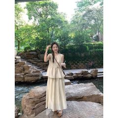 Fake two-piece cool Zen dress for women imitation Tencel round neck new Chinese style sleeveless vest dress for women summer