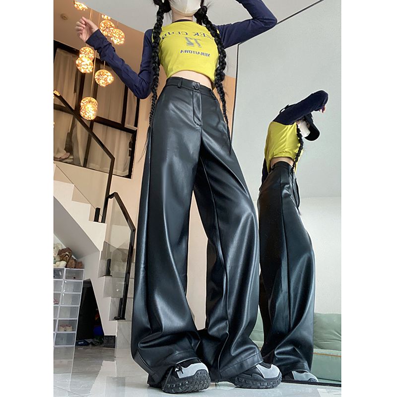 Actual shot! 2024 New Loose Fashion Simple No Pockets Slimming High-Waist Leather PU Pants Leather Pants for Women