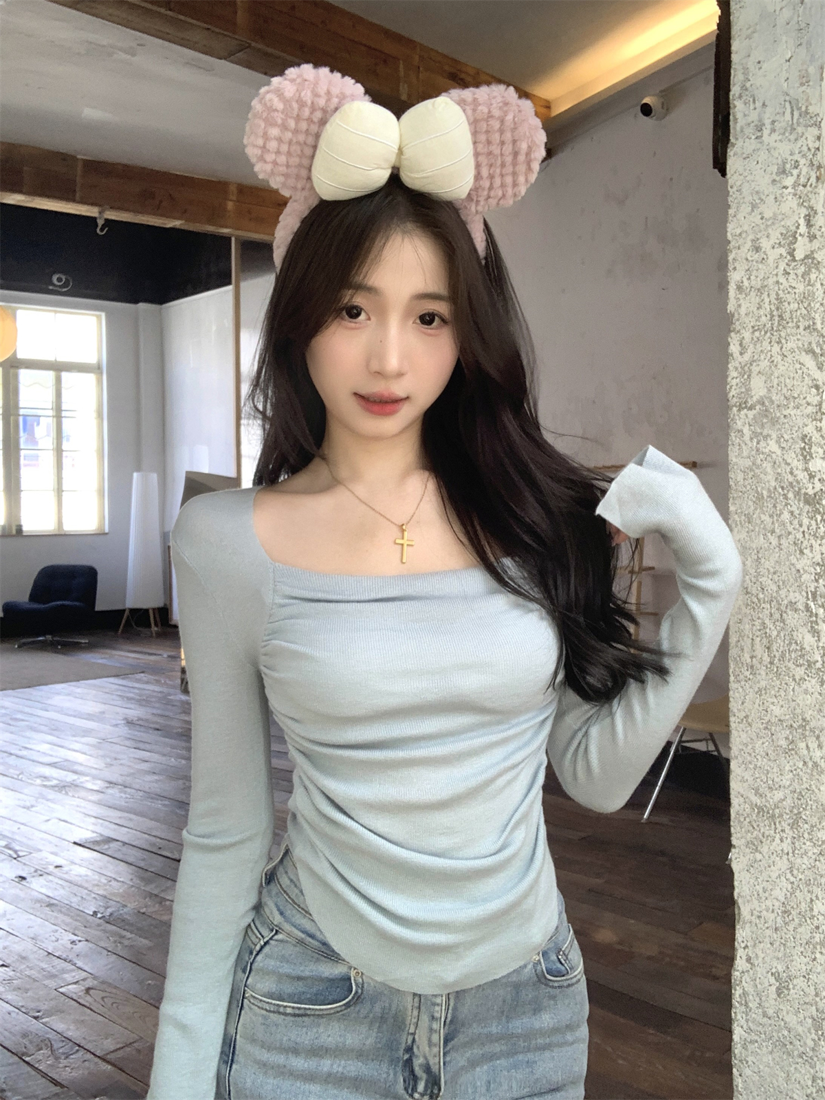實拍 早秋韓版修身純欲方領褶皺顯瘦6羊毛針織衫長袖上衣女