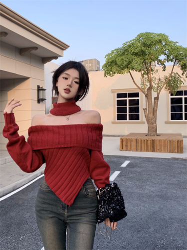 Real shot of sweet and spicy off-shoulder sweater with irregular design, short top, New Year’s red sweater