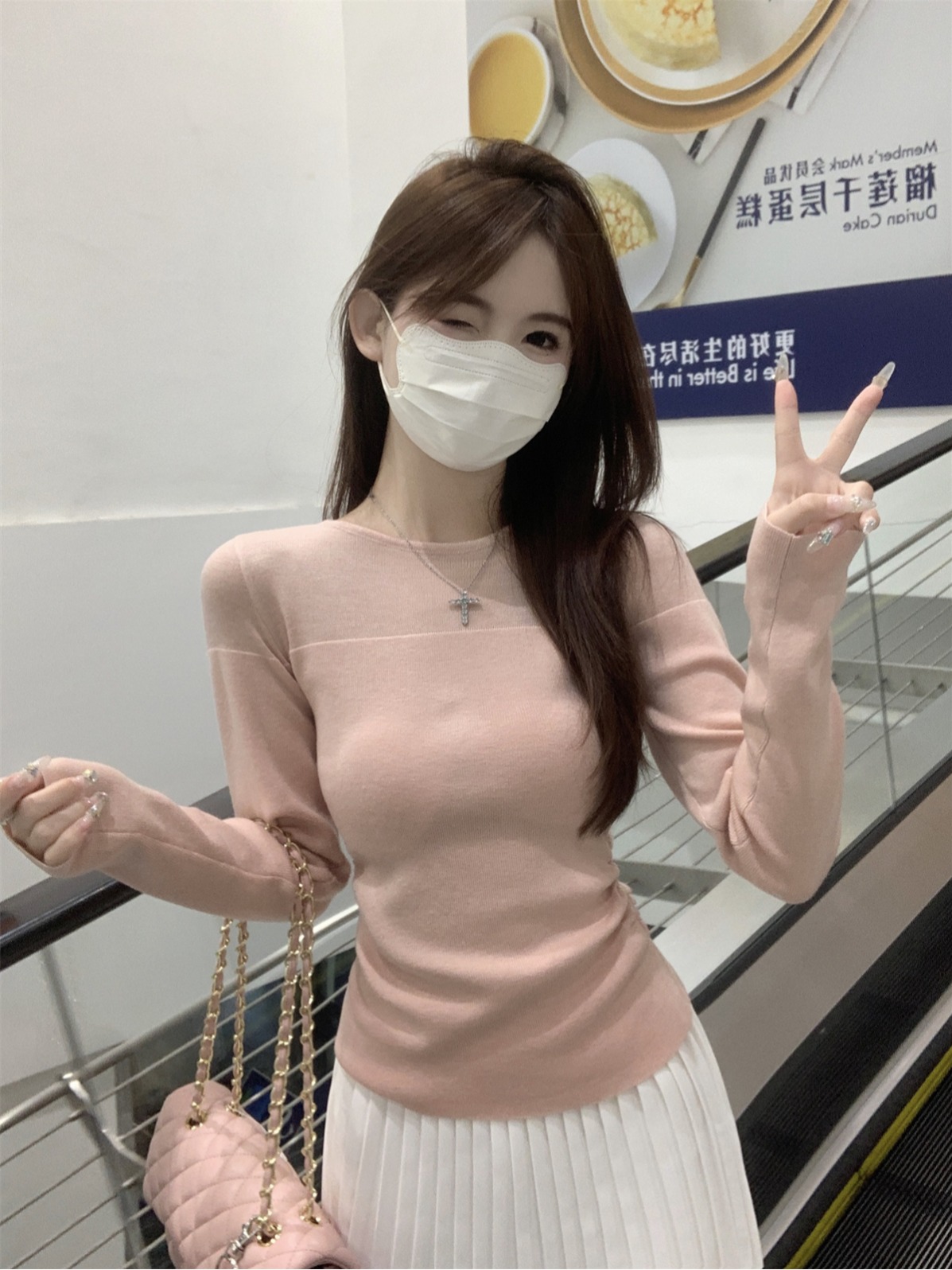 Real shot early autumn new pure desire splicing see-through pleated design temperament 6 wool knitted sweater long-sleeved top 