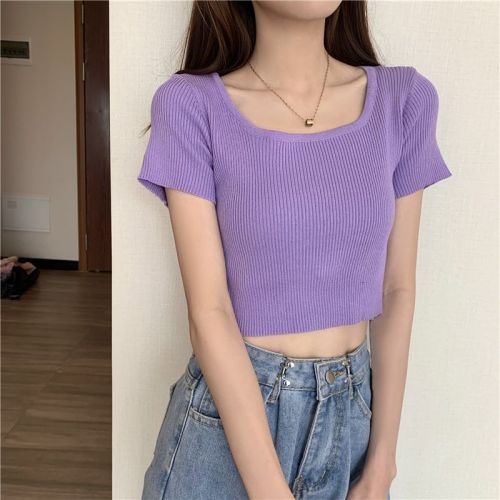 Black bottoming shirt short-sleeved ins trendy summer new style navel-baring knitted t-shirt women's short French collarbone top