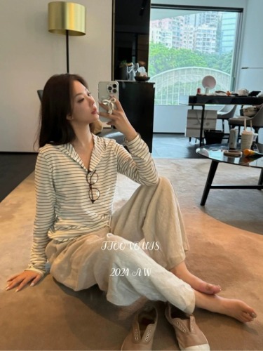 TOO 2024 new autumn style old money style lazy Korean style long-sleeved striped hooded T-shirt women's all-match tops