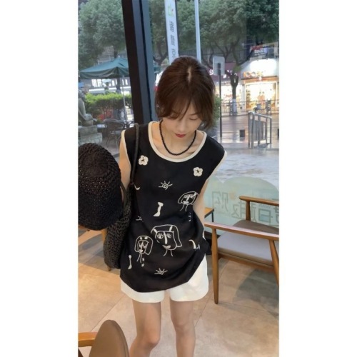 Unique and chic T-shirt 2024 summer new fashion style high-end black graffiti printed sleeveless vest top for women