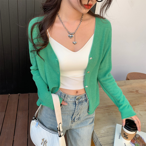 Sun protection cardigan thin women's ice silk knitted jacket summer outer blouse new top white air-conditioning shirt