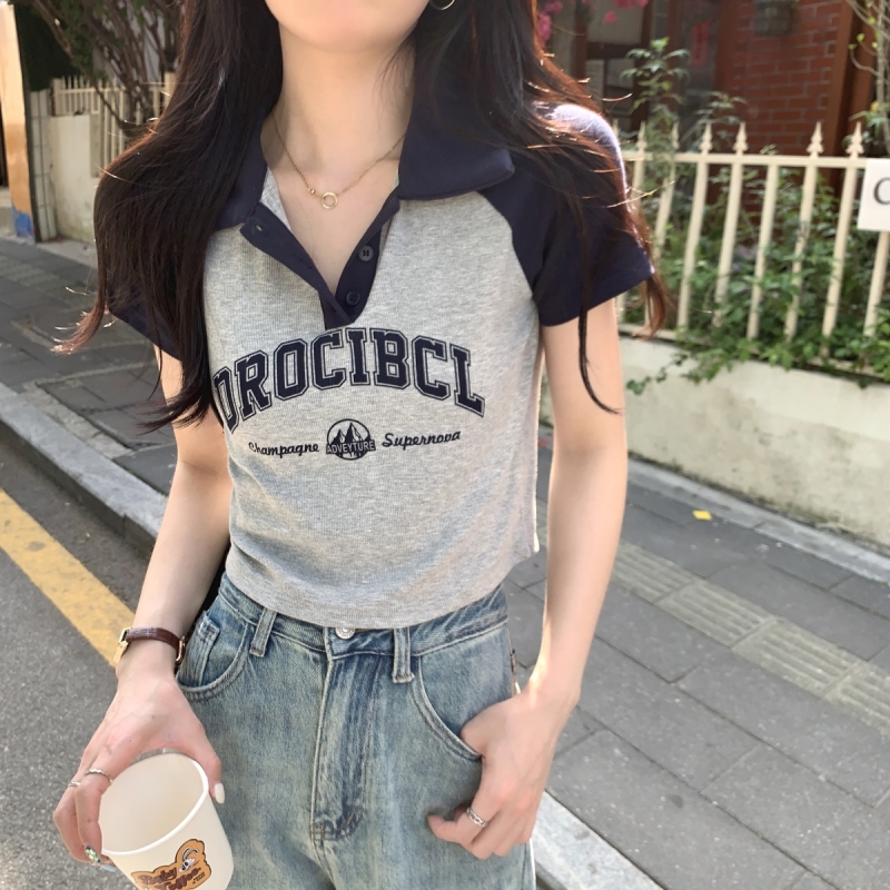 Spring and summer Korean style retro contrasting polo collar letter print design pure cotton short-sleeved T-shirt top