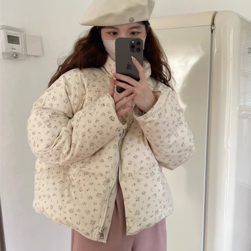 Chuwu's new winter style small floral short down jacket stand collar thickened bread jacket for women