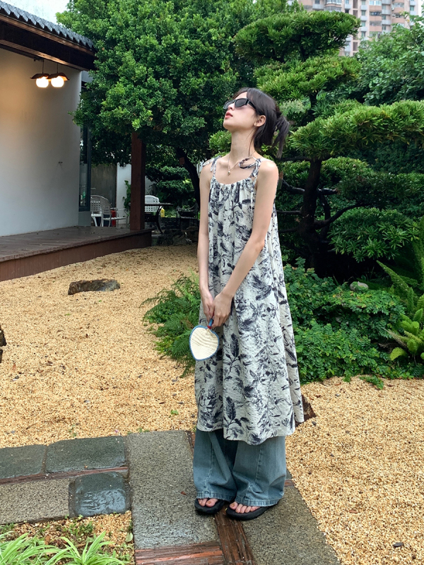 Ink printed suspender skirt summer women's retro floral pleated texture dress mid-length skirt