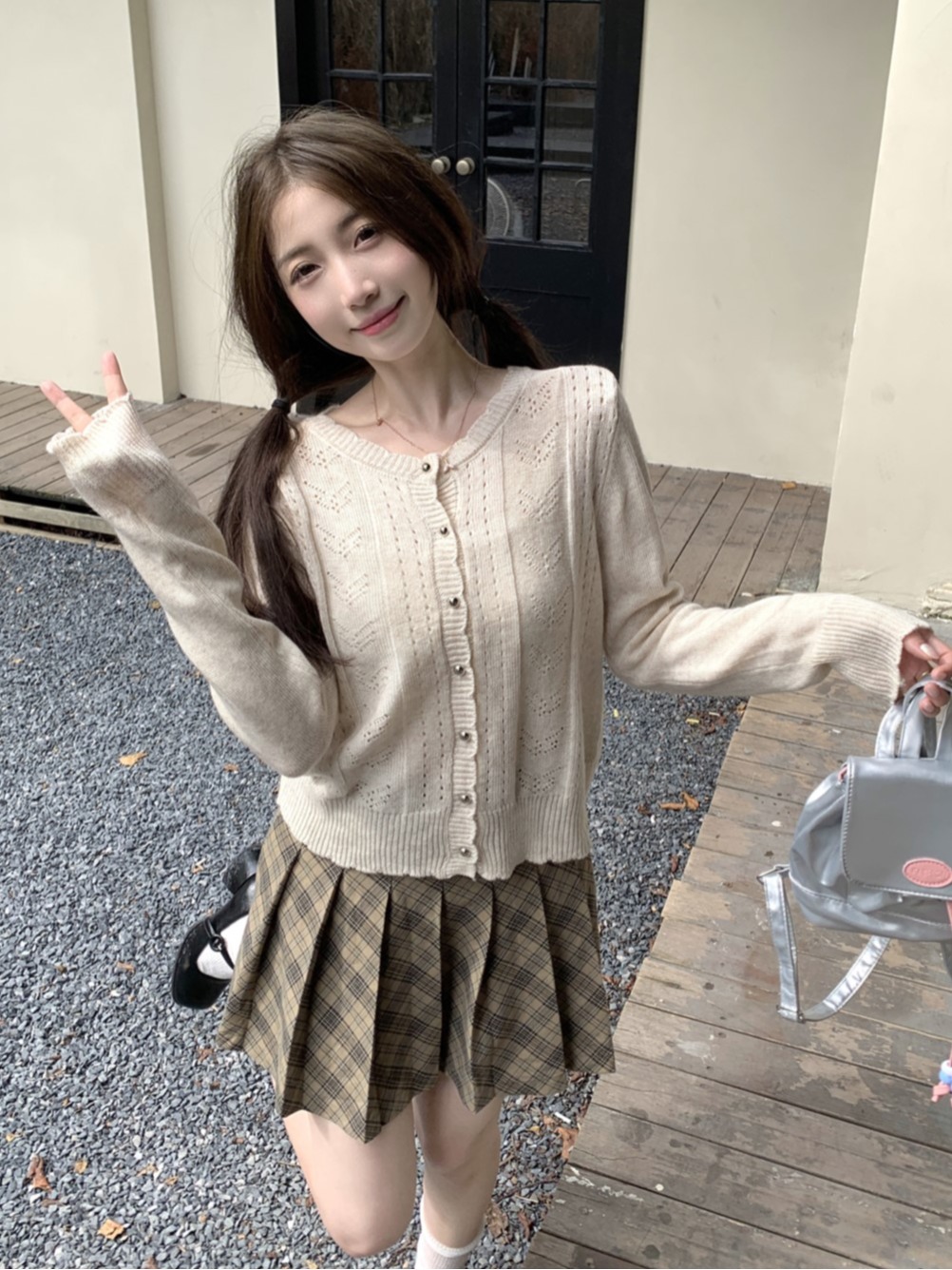 實拍 秋季新款韓版寬鬆甜美花邊單排扣百搭針織長袖開衫上衣