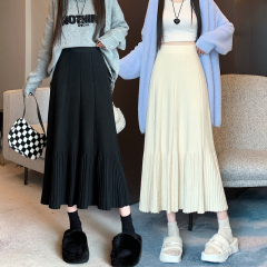 New thickened retro knitted skirt for women wool mid-length large hem ruffled high waist A-line skirt for women