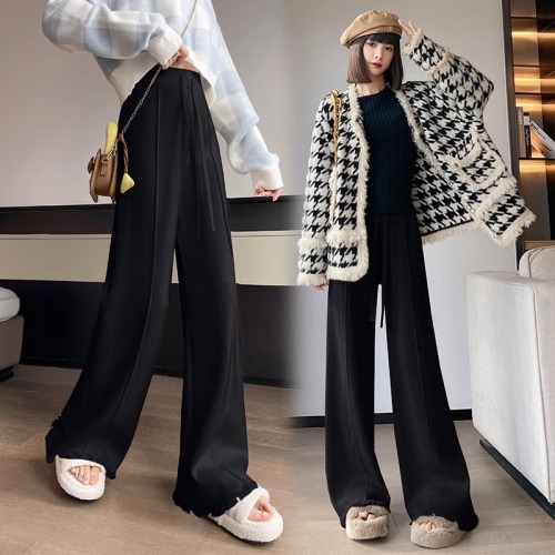 White pants for women in autumn and winter new model glutinous rice pants high waist drape slim floor mopping casual knitted wide leg pants