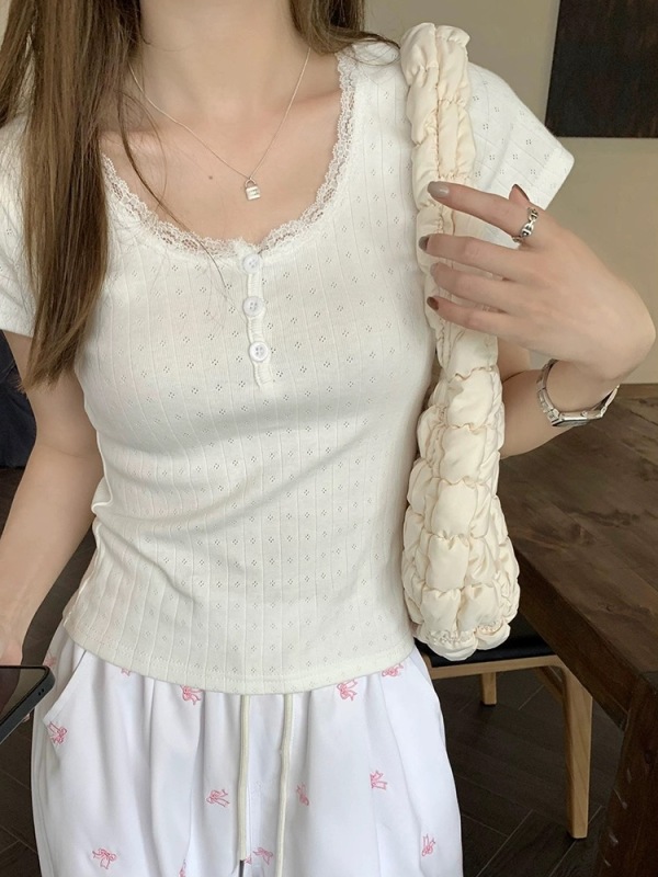 Sweet lace short-sleeved T-shirt round neck three-button top for summer