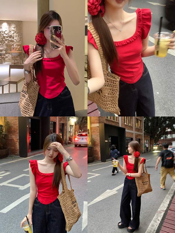 Red Hot Girl Small Flying Sleeve T-shirt Women's Ruffled Square Neck Short Backless Slim Slim Camisole Top Summer