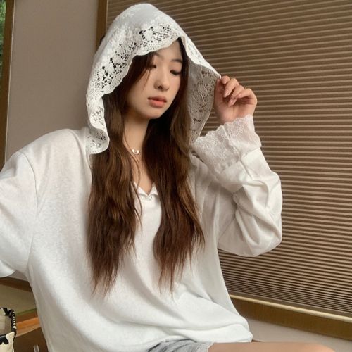 Thin sun protection top summer crocheted lace stitching hooded T-shirt for women casual loose slimming versatile