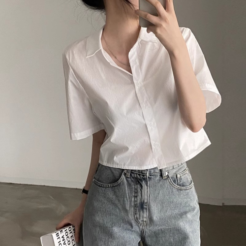 Official photo original white short-sleeved shirt women's summer top shirt T-shirt short back slit college style