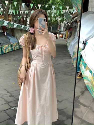 French Retro Square Neck Pink Puff Sleeve Dress Women's Summer Small Super Beautiful Temperament Waist Long Skirt